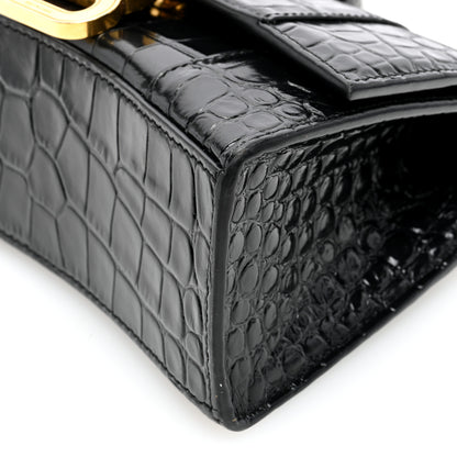 Balenciaga Shiny Calfskin Crocodile Embossed Hourglass Top Handle Bag XS Black 9 of 9