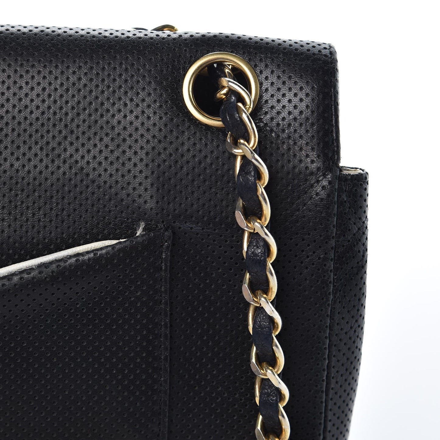 Lambskin Perforated Medium Single Flap Bag Black White