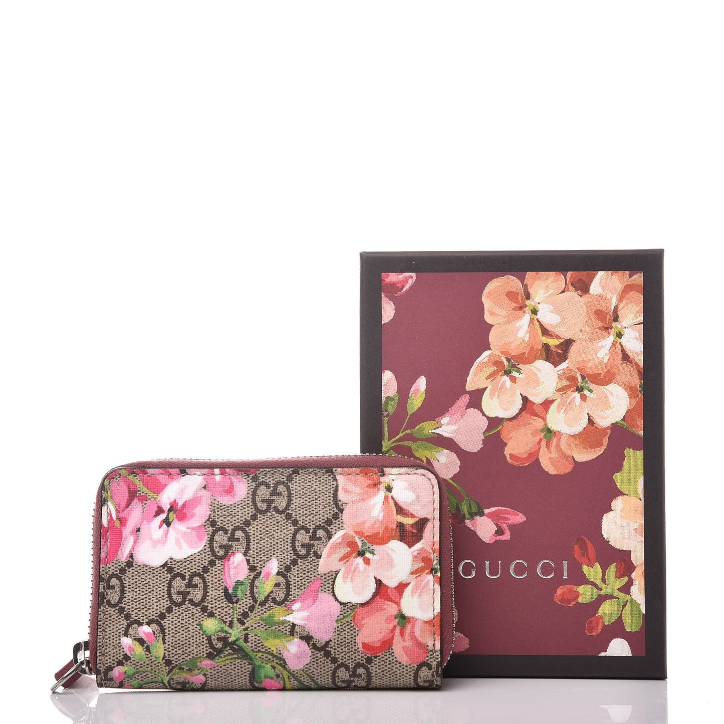 GG Supreme Monogram Blooms Zip Around Card Case Wallet Beige Multicolor Dry Rose