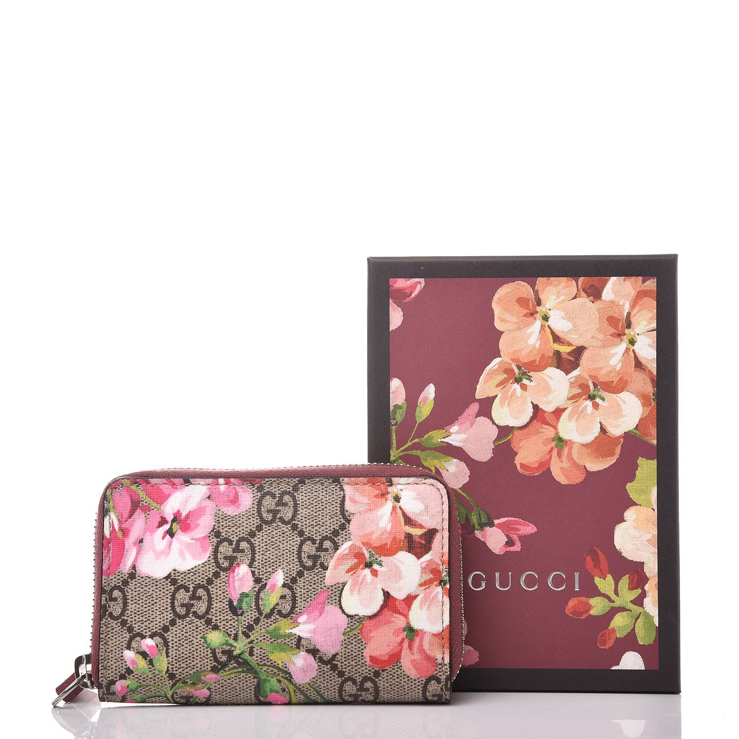 Gucci GG Supreme Monogram Blooms Zip Around Card Case Wallet Beige Multicolor Dry Rose 7 of 7