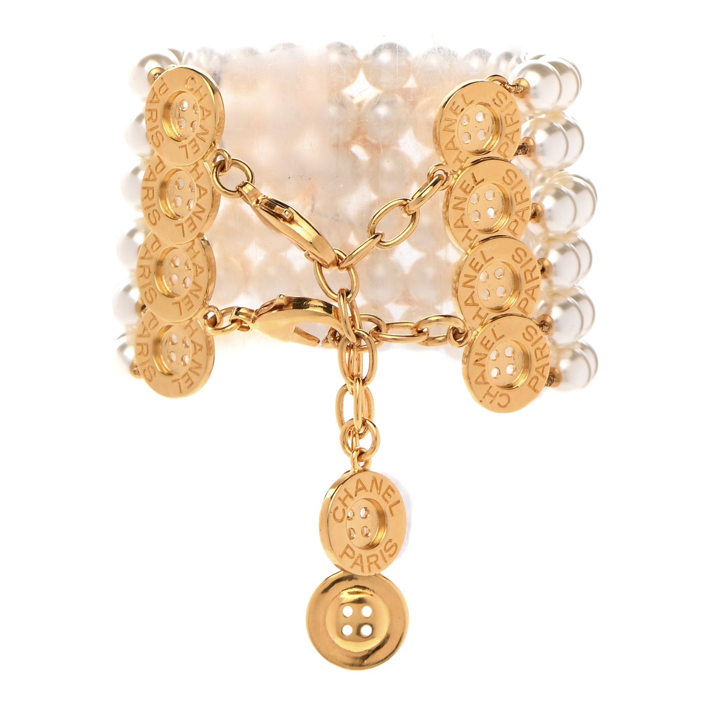 Pearl Metal CC Paris Button Multistrand Bracelet Gold White