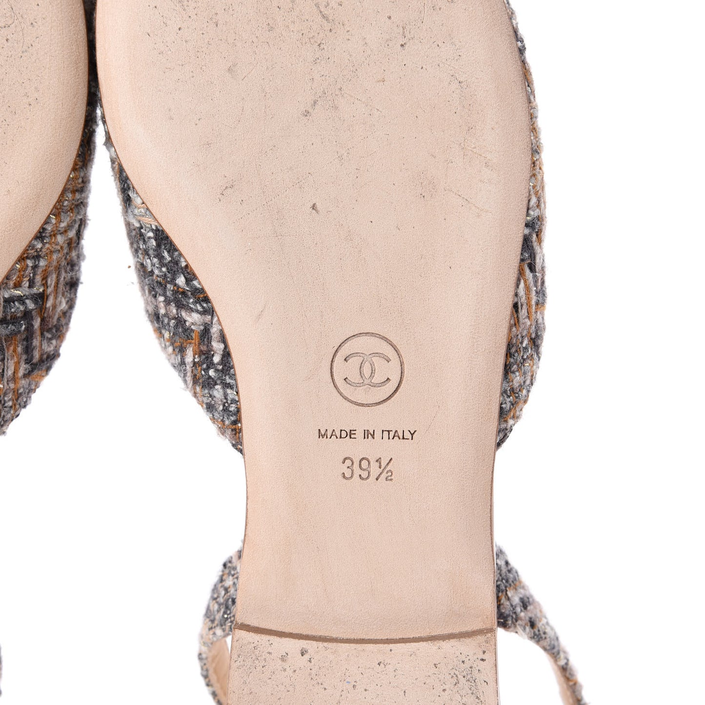 Tweed Patent Camellia Toe CC Slingback Pumps 39.5 Beige Gray