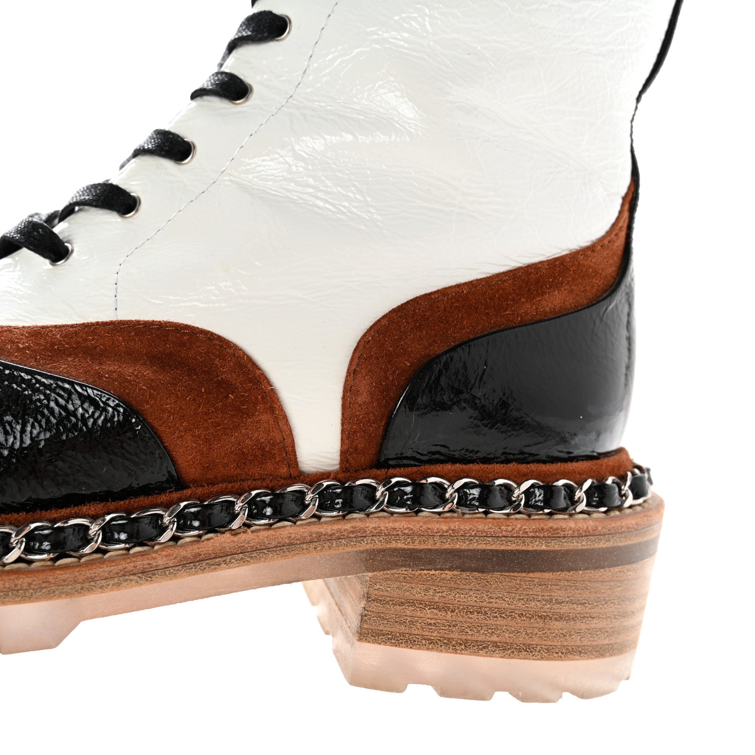 Chanel Patent Suede Lace Up Chain Boots 35.5 White Black 10 of 14