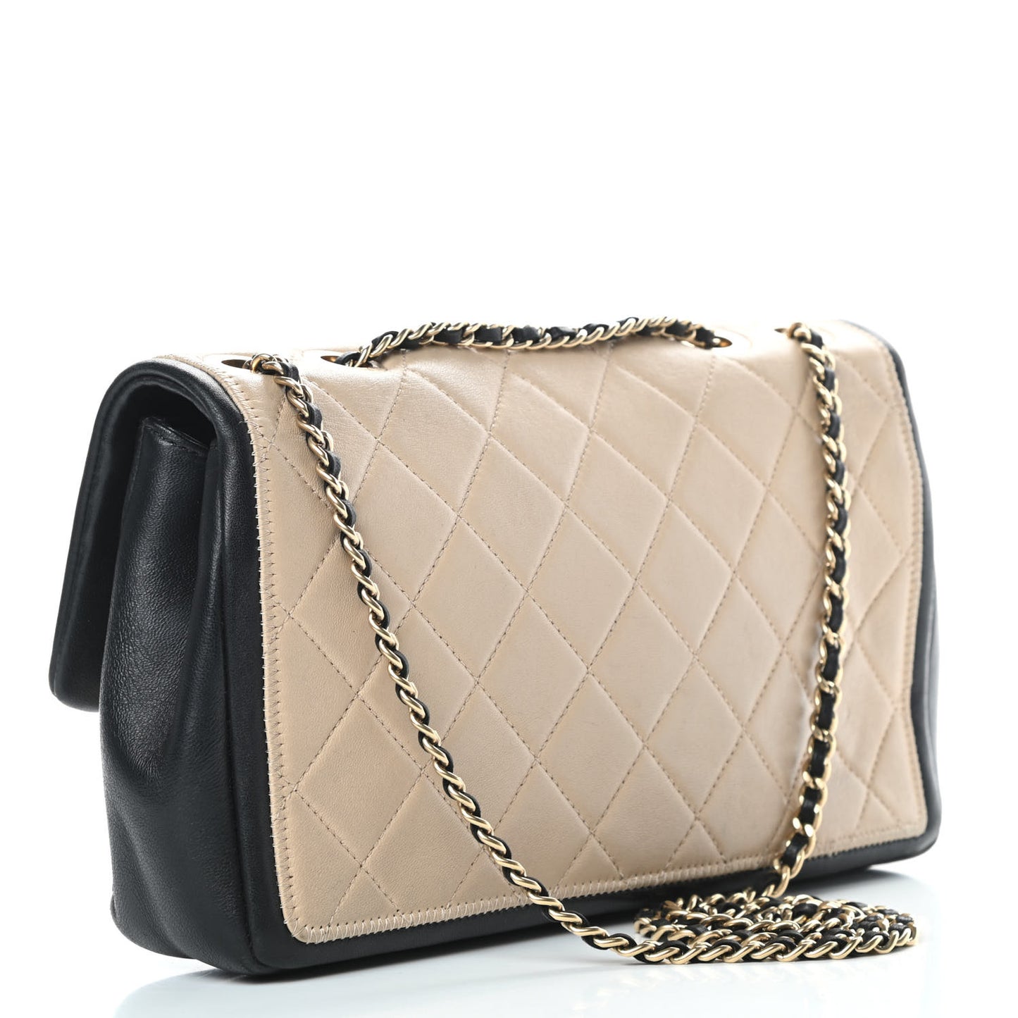 Calfskin Quilted Medium Graphic Flap Beige Black