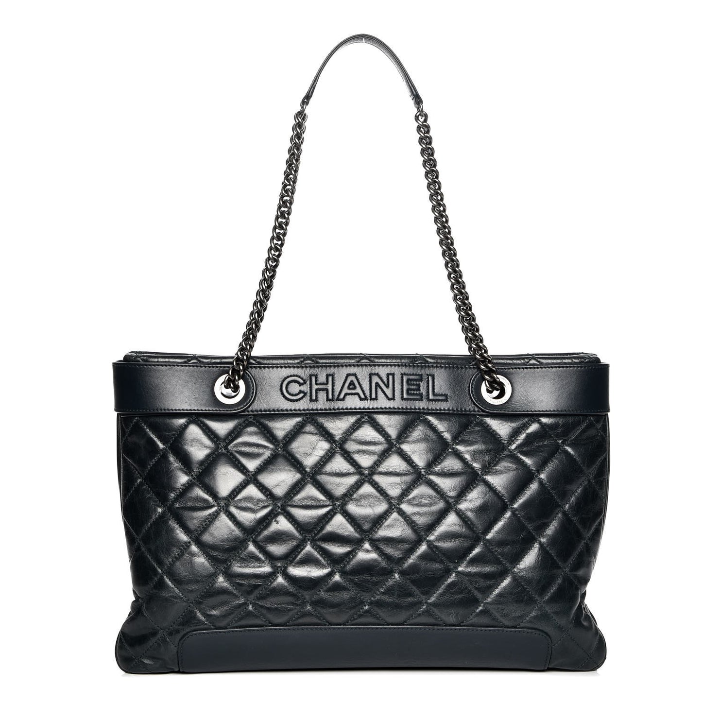 Glazed Calfskin Quilted Shopping Tote Dark Blue
