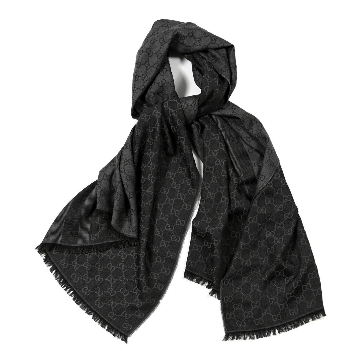 Wool Silk GG Monogram Fringe Scarf Shawl Grey