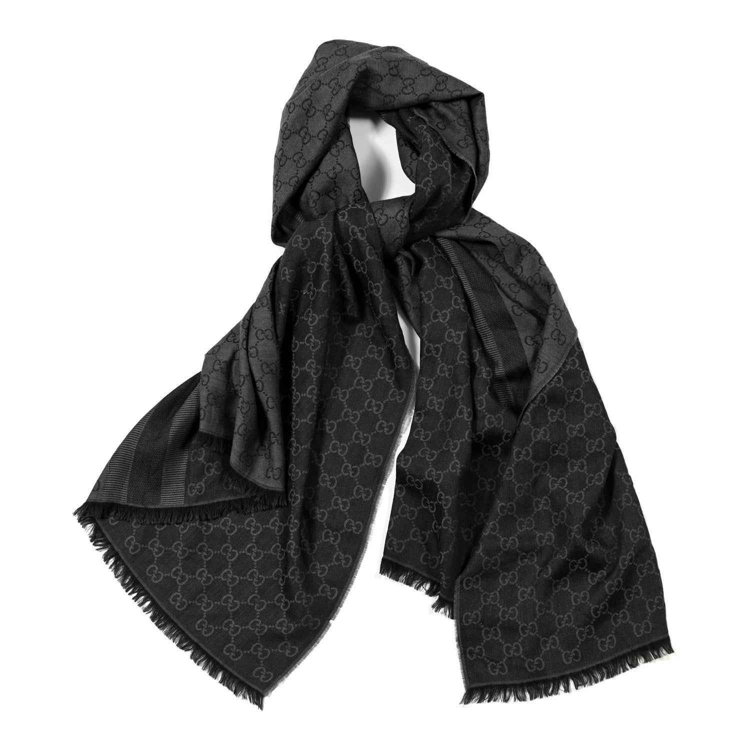 Gucci Wool Silk GG Monogram Fringe Scarf Shawl Grey 1 of 5