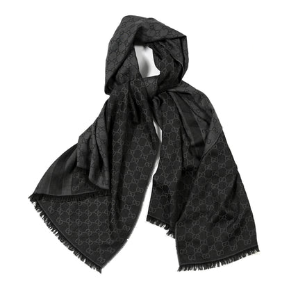 Gucci Wool Silk GG Monogram Fringe Scarf Shawl Grey 1 of 5