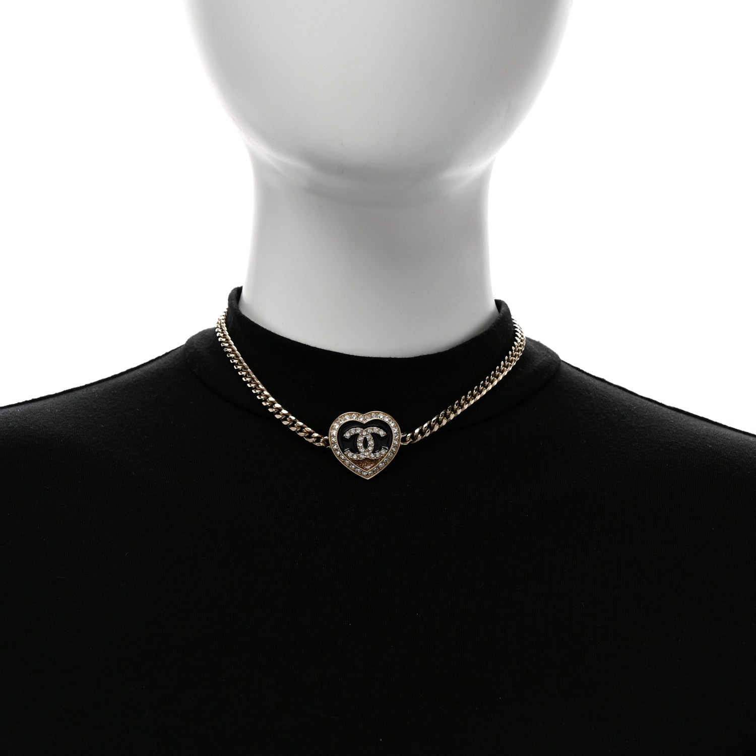 Chanel Resin Crystal Glitter CC Heart Choker Necklace Black Gold 2 of 6