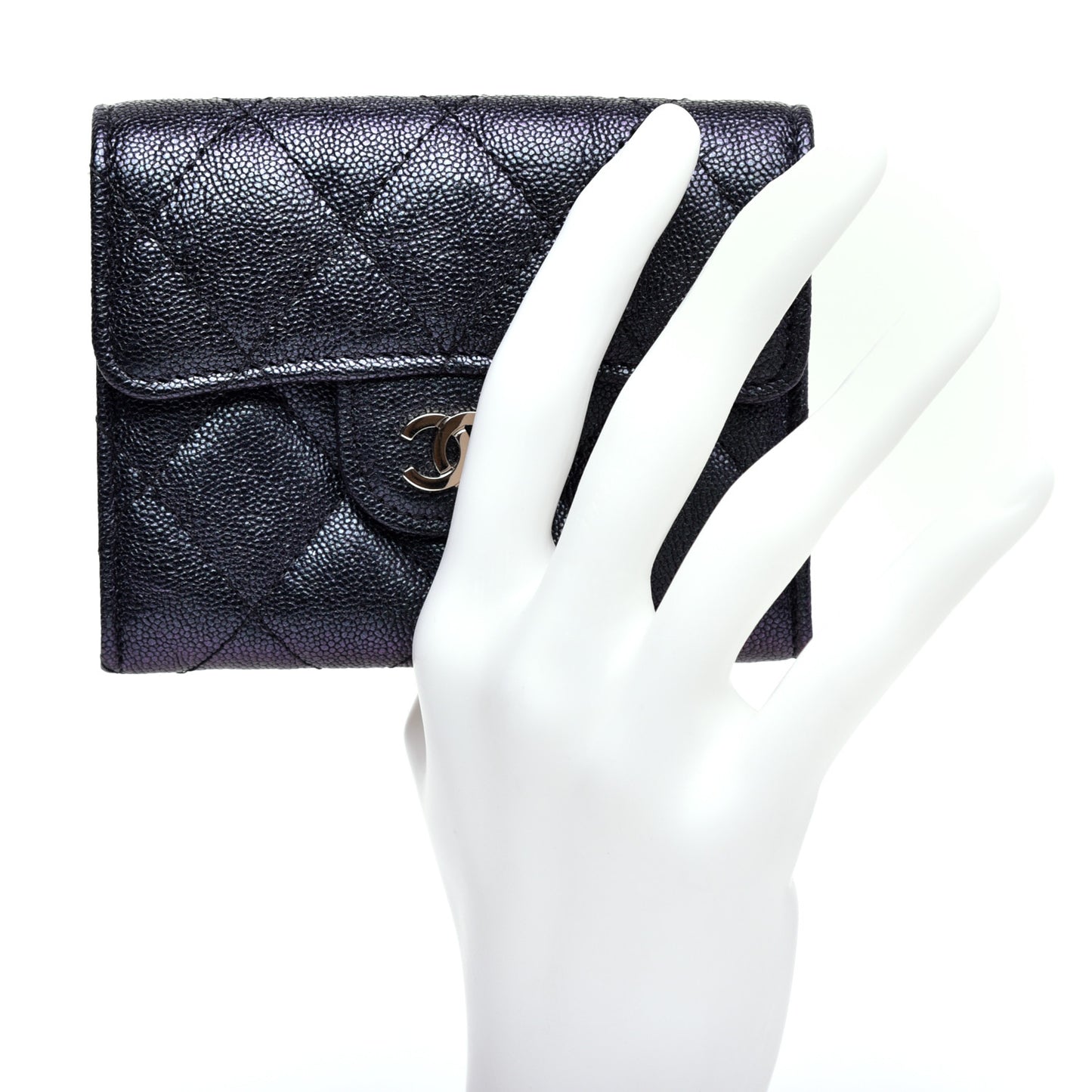 Iridescent Caviar Quilted Flap Card Holder Wallet Black