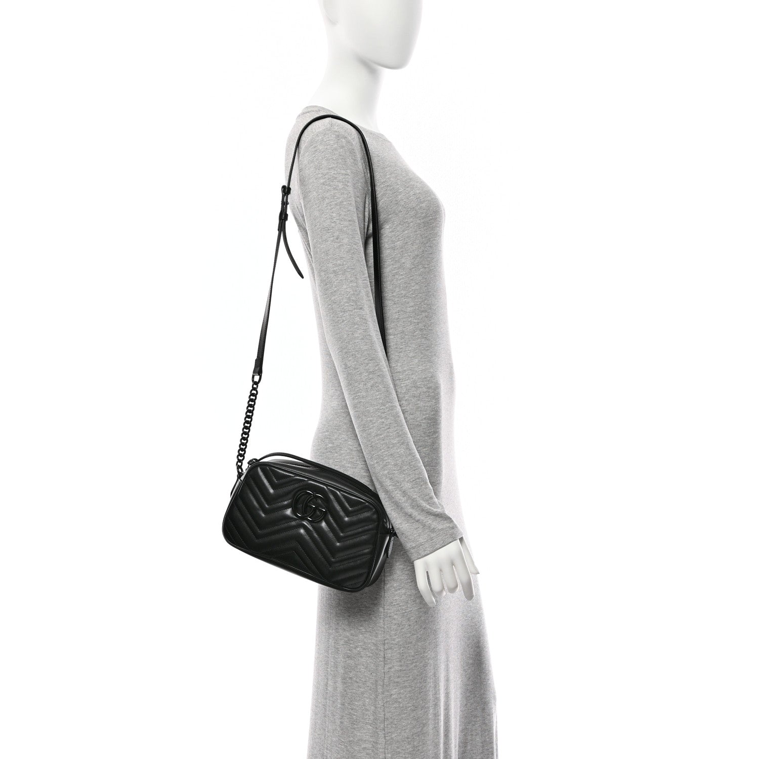 Gucci Calfskin Matelasse Monochrome Small GG Marmont Chain Shoulder Bag Black 2 of 10