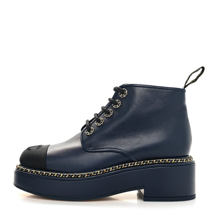 Chanel Calfskin Grosgrain Chain Lace Up CC Short Boots 36 Navy Black 1 of 8