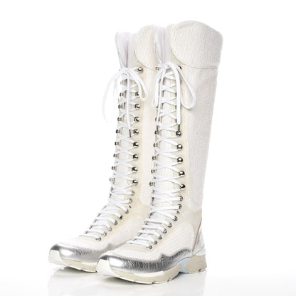 Chanel Tweed Suede Calfskin Sneaker High Boots 38 White Ecru Silver 2 of 7
