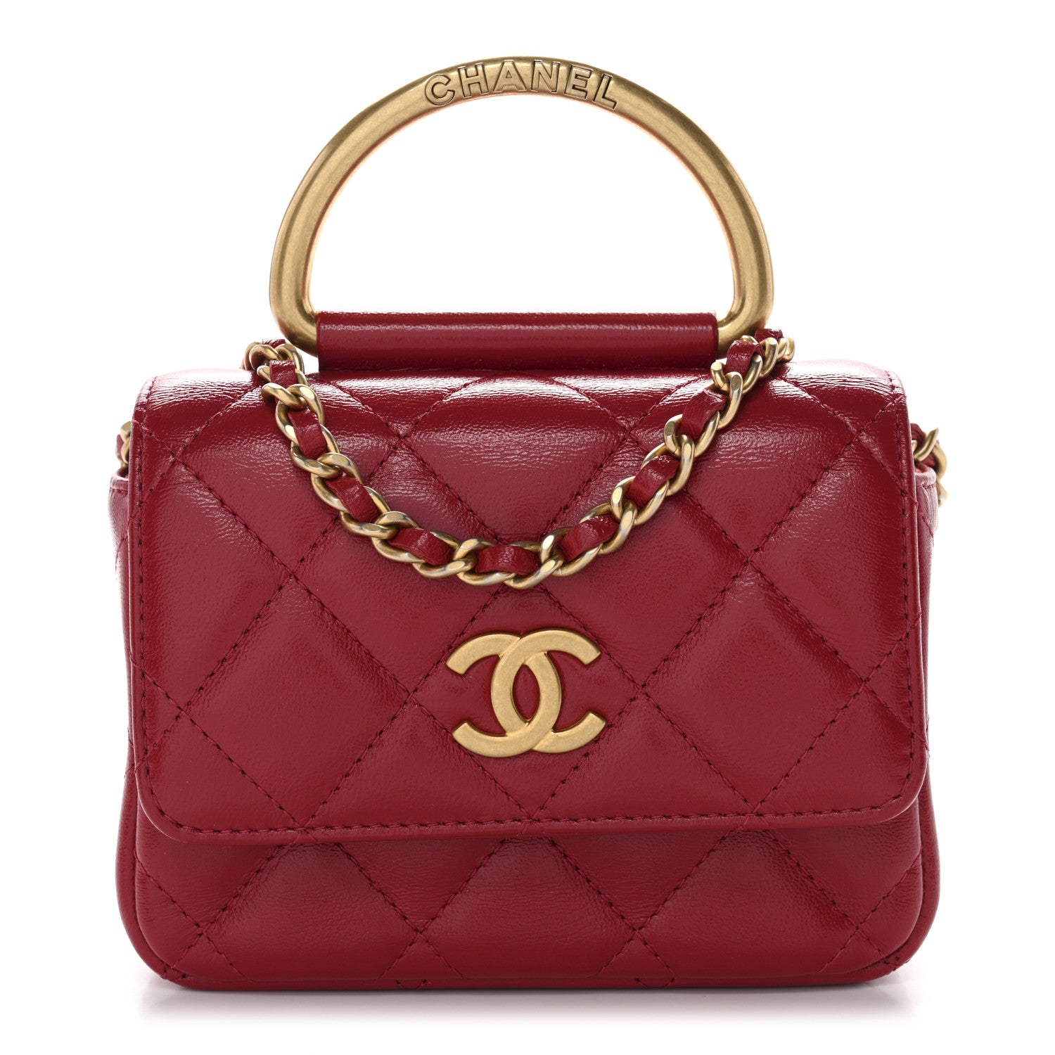 Chanel Shiny Lambskin Quilted Mini Metal Top Handle Clutch With Chain  Red 1 of 12