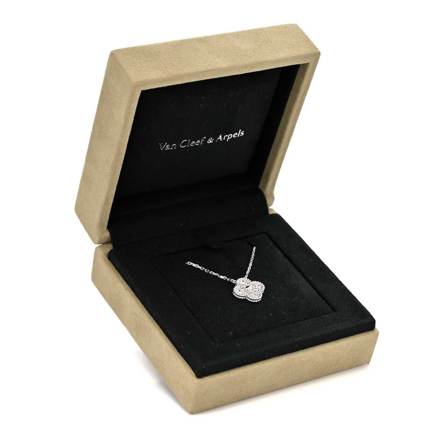 18K White Gold Diamond Vintage Alhambra Pendant Necklace