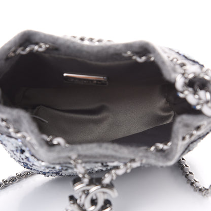 Chanel Sequin Wool Drawstring Bag Silver Blue Grey 4 of 9
