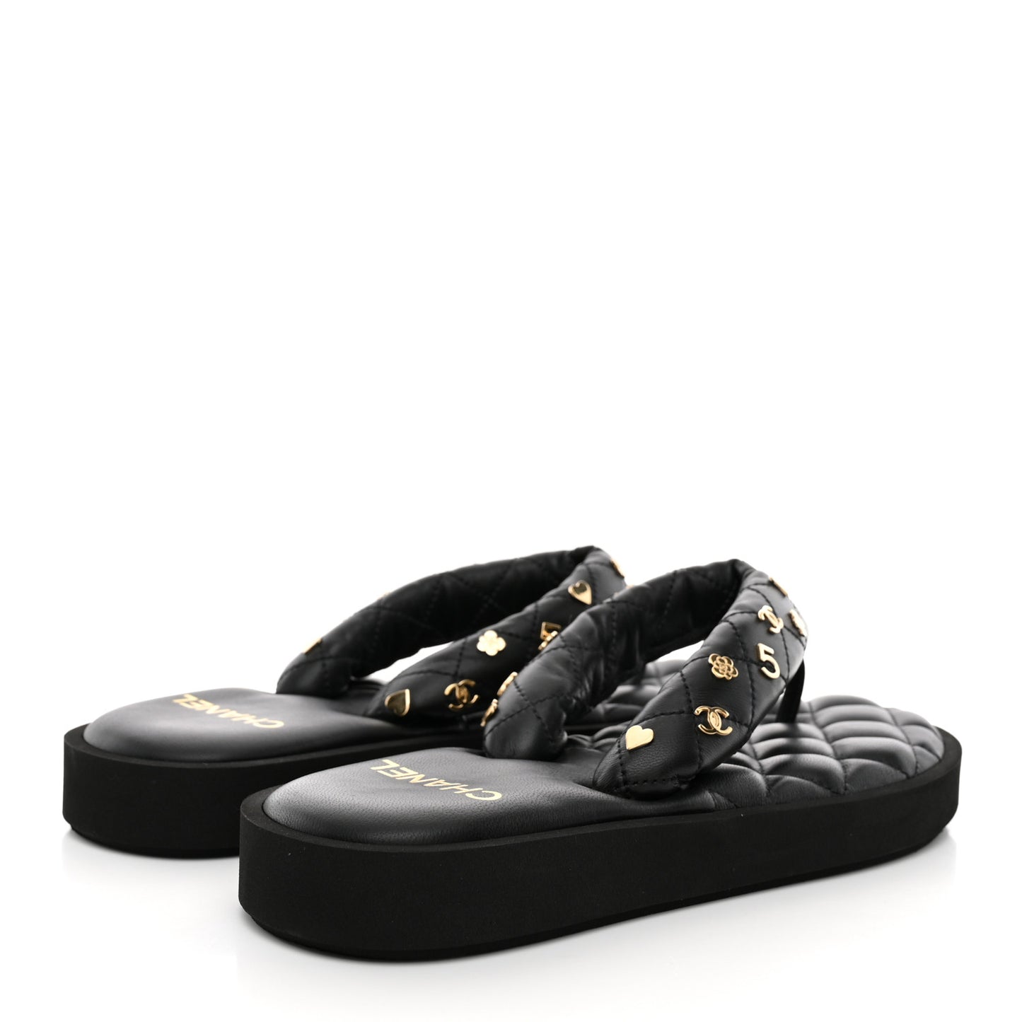 Lambskin Quilted Padded Charms Thong Sandals 38.5 Black