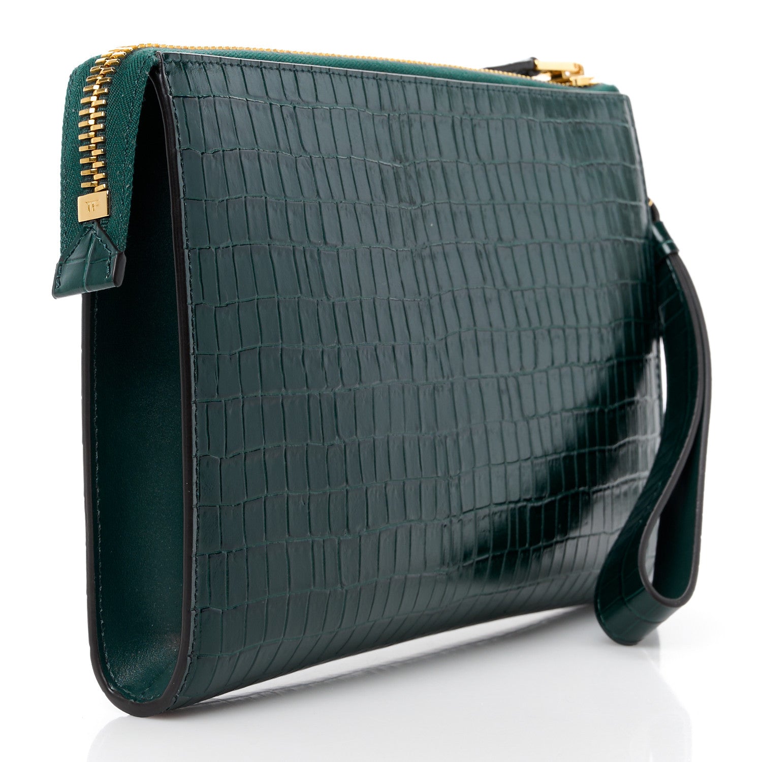 Tom Ford Calfskin Crocodile Embossed Zip Clutch Bottle Green 3 of 11
