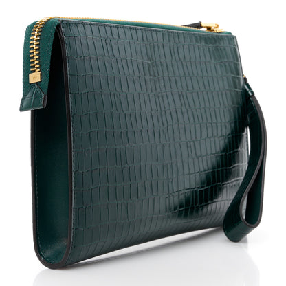Tom Ford Calfskin Crocodile Embossed Zip Clutch Bottle Green 3 of 11