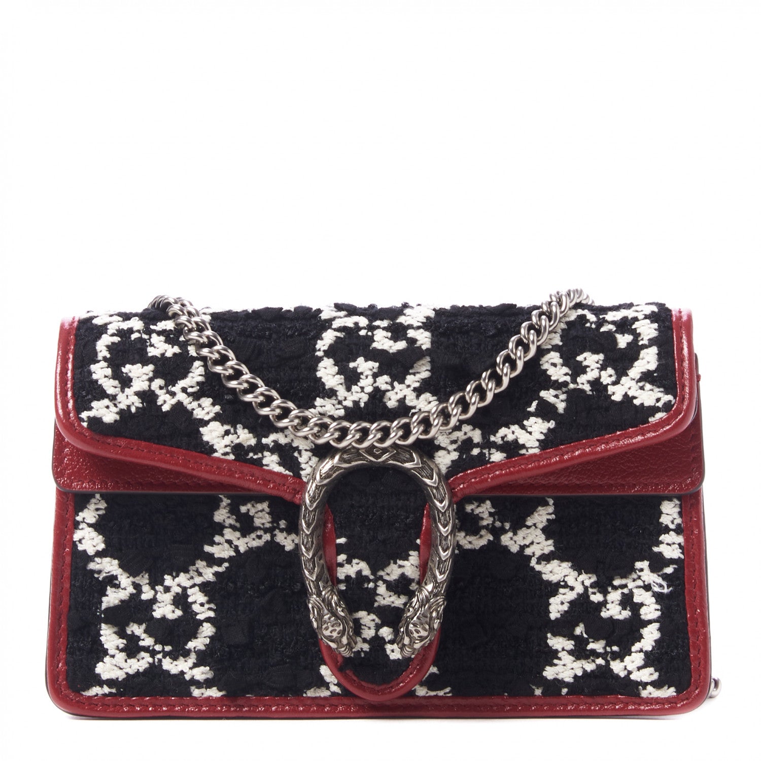 Gucci Tweed GG Monogram Super Mini Dionysus Shoulder Bag Black White Romantic Cherry 1 of 9