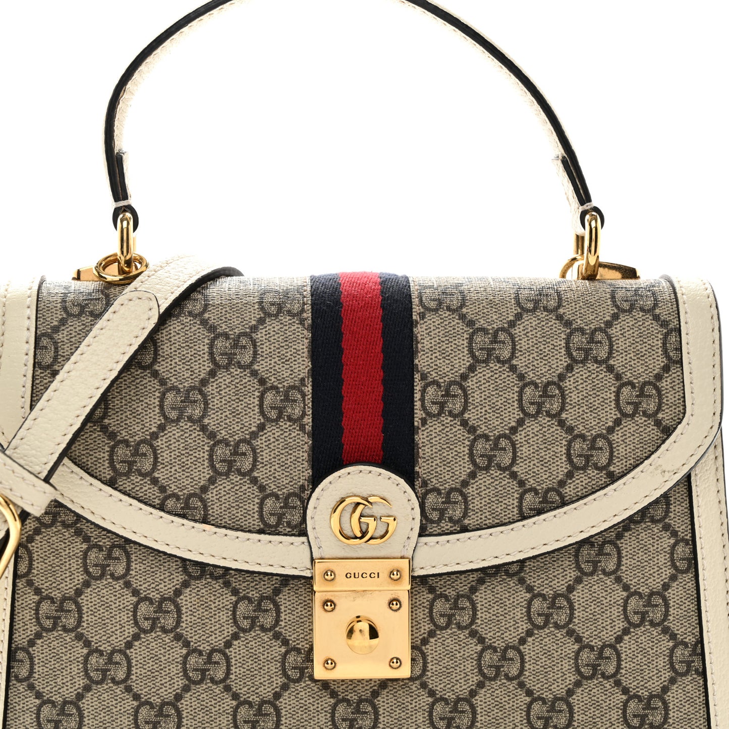 GG Supreme Monogram Textured Dollar Calfskin Web Small Ophidia Padlock Top Handle Bag Beige Ebony Mystic White