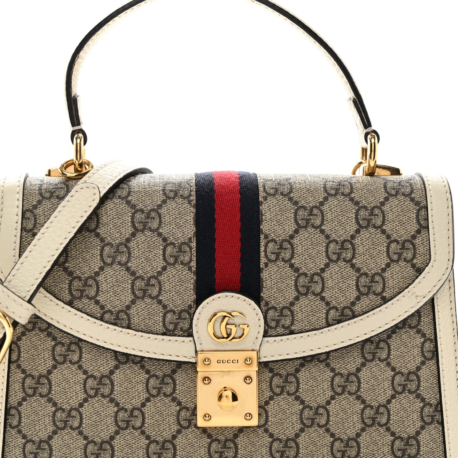 Gucci GG Supreme Monogram Textured Dollar Calfskin Web Small Ophidia Padlock Top Handle Bag Beige Ebony Mystic White 8 of 12