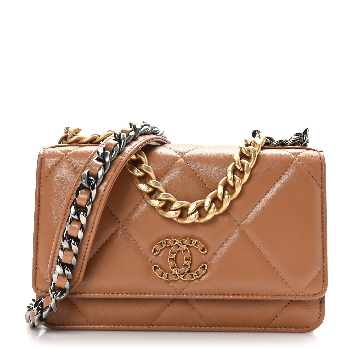 Lambskin Quilted Chanel 19 Wallet On Chain WOC Brown