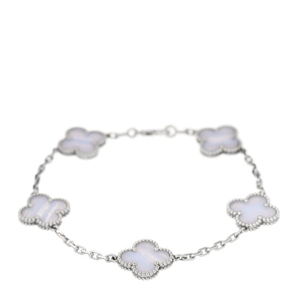 Van Cleef & Arpels 18K White Gold Chalcedony 5 Motifs Vintage Alhambra Bracelet 1 of 6