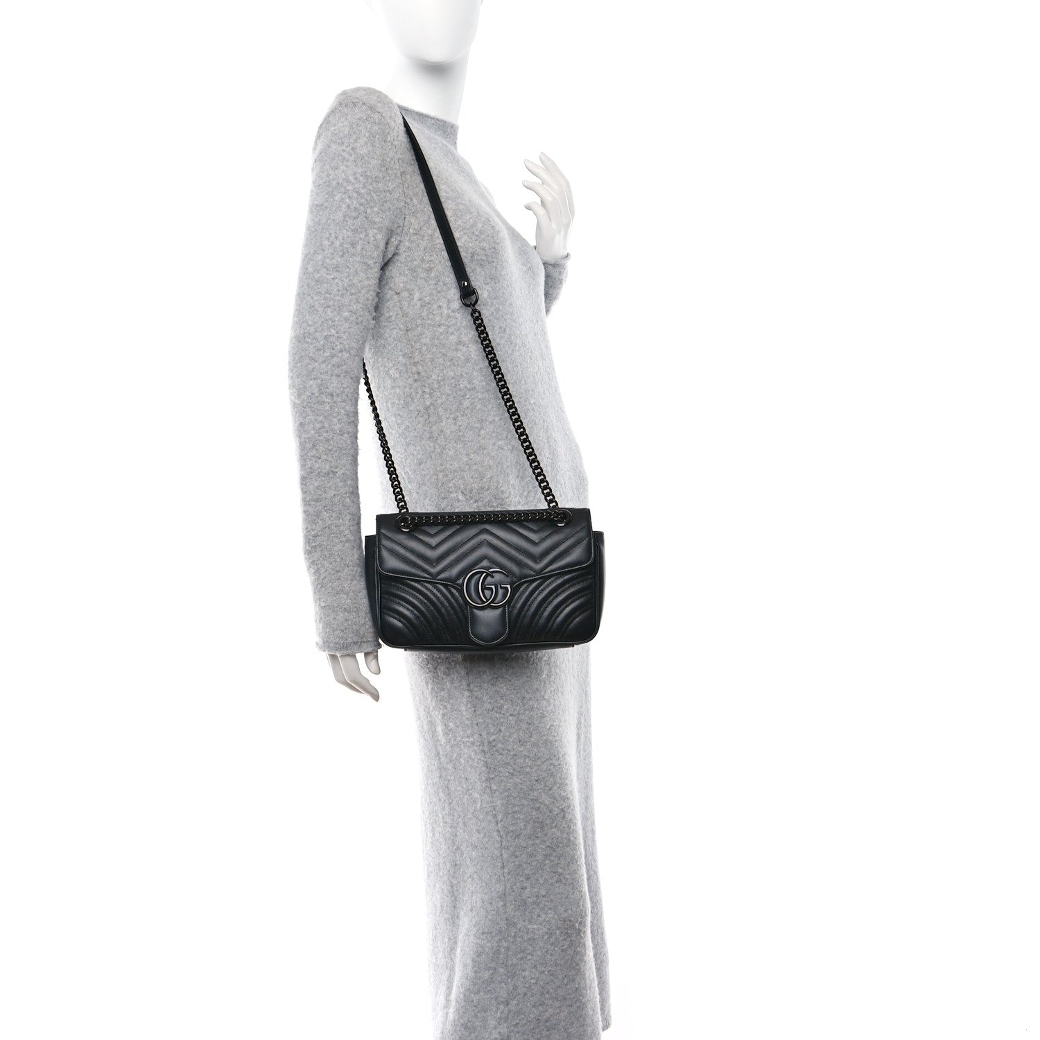 Gucci Calfskin Matelasse Monochrome Small GG Marmont Shoulder Bag Black 2 of 10