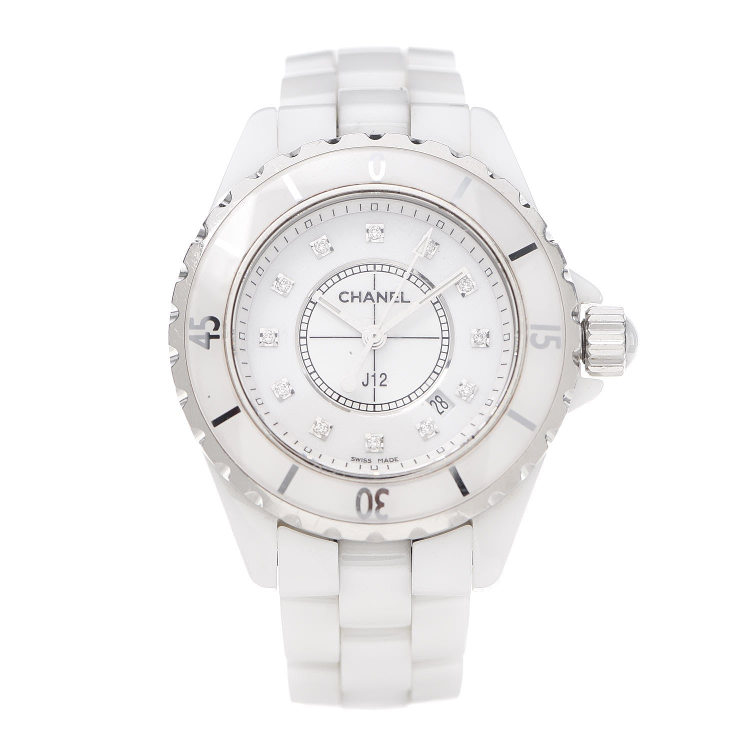 Chanel Stainless Steel Ceramic Diamond 33mm J12 Quartz Watch White 1 of 8