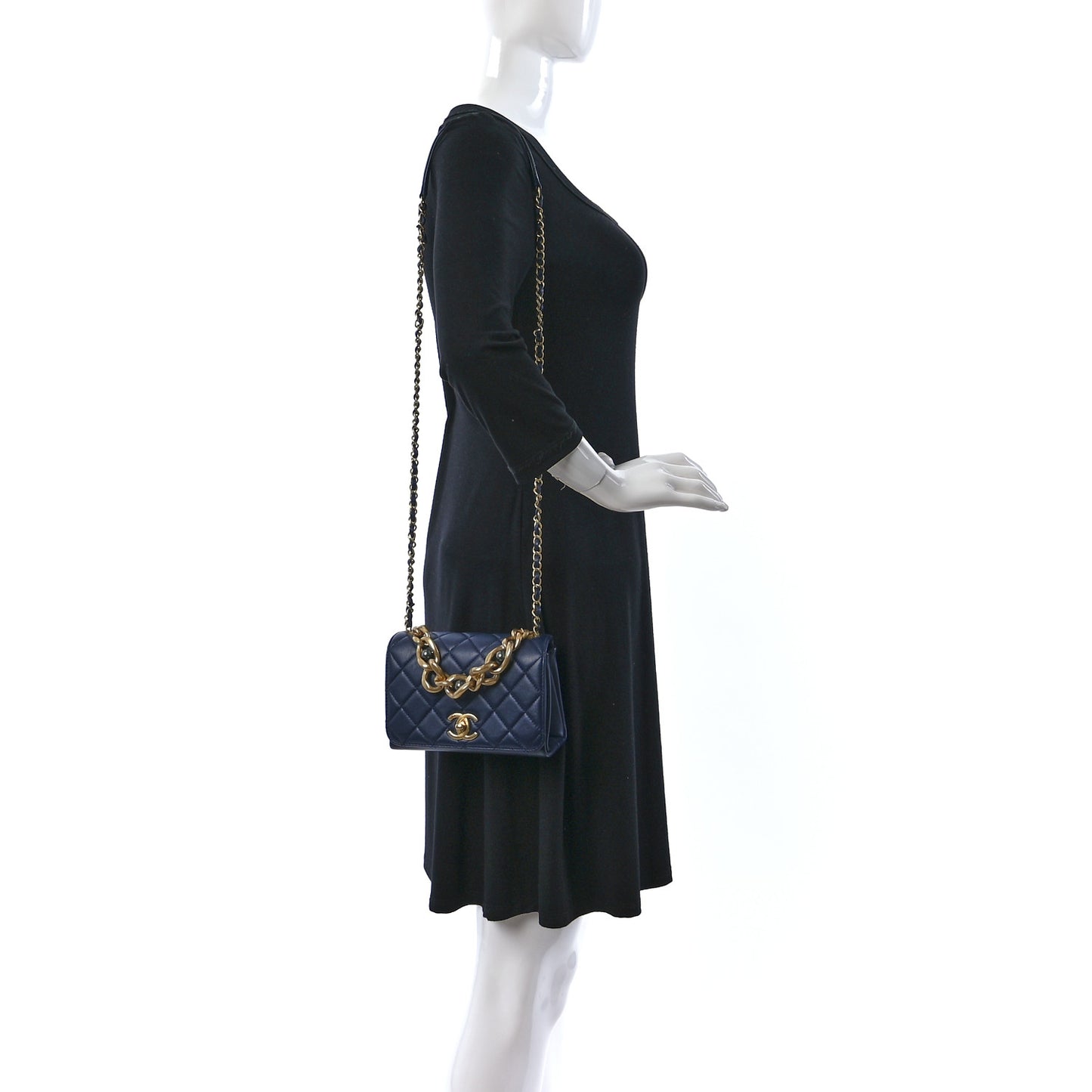 Calfskin Quilted Pearl Jewel Chain Flap Navy