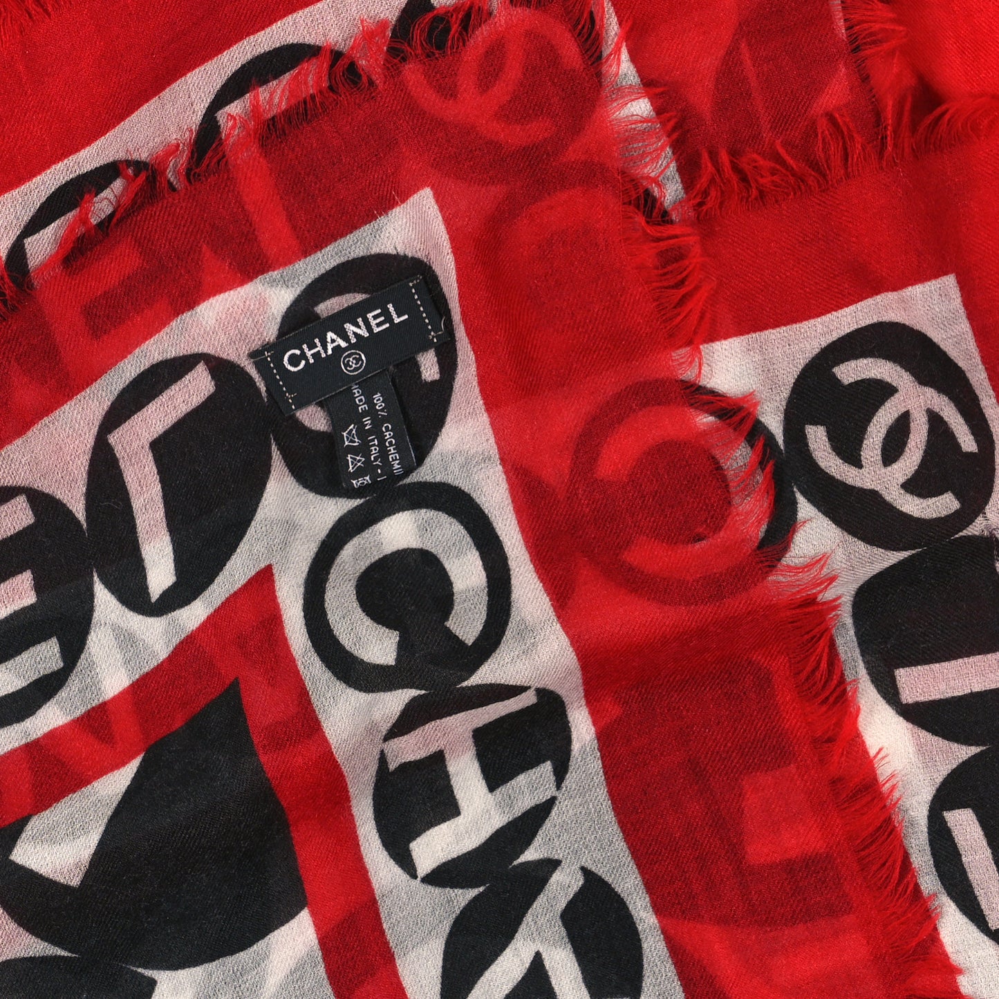 Cashmere Silk CC Logo Fringe Scarf White Black Red