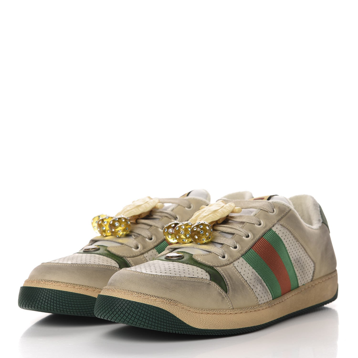 Gucci Nubuck Web Cherries Mens Screener Sneakers 13 Dusty Milk White Vintage Green 3 of 9