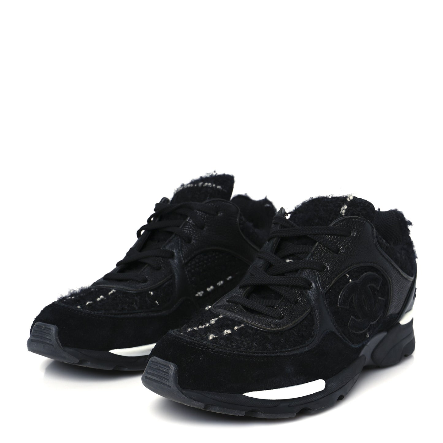 Tweed Suede Goatskin CC Sneakers 37 Black White