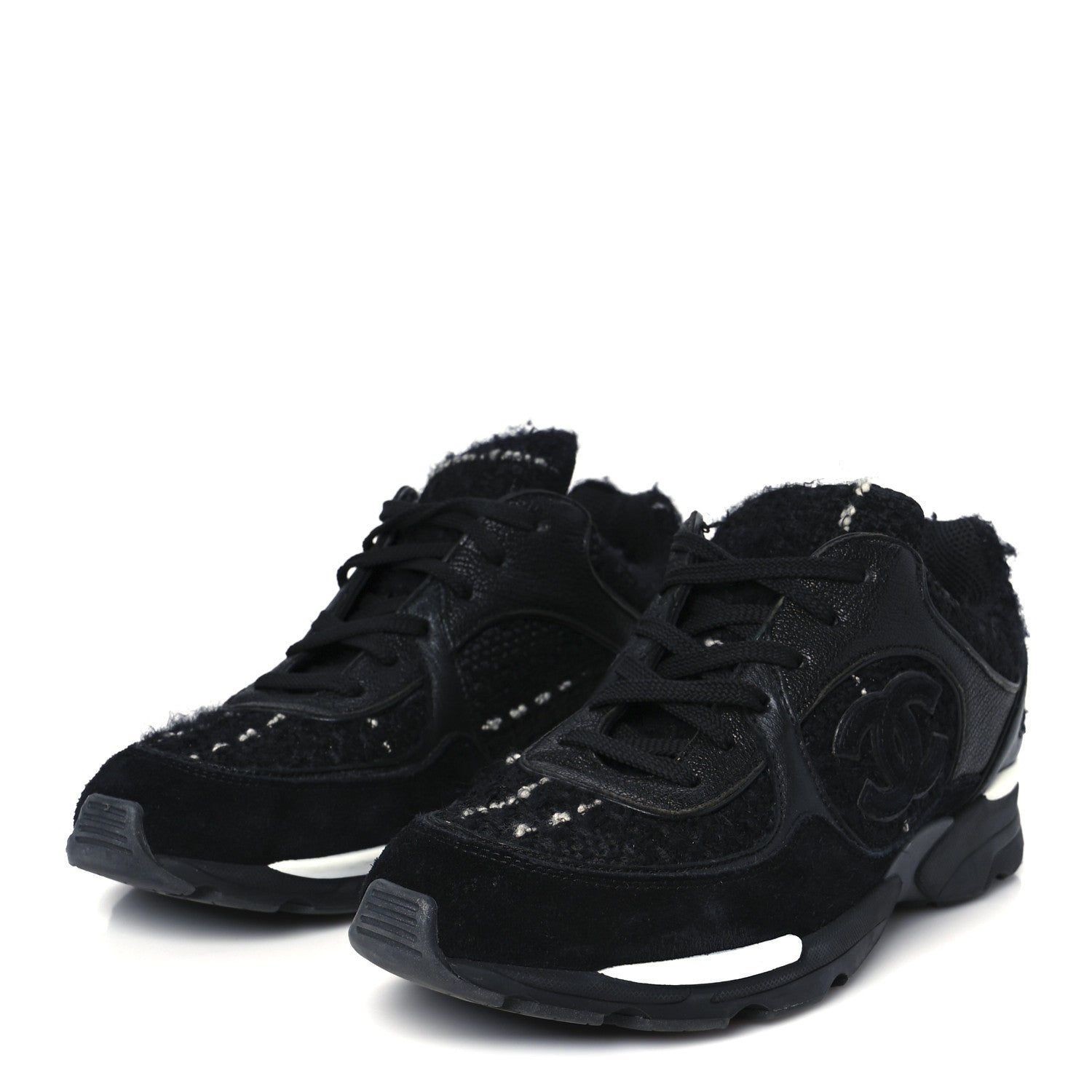 Chanel Tweed Suede Goatskin CC Sneakers 37 Black White 4 of 9