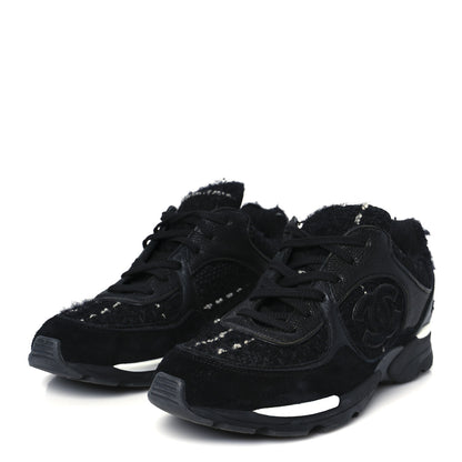 Chanel Tweed Suede Goatskin CC Sneakers 37 Black White 4 of 9