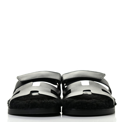 Hermes Calfskin Woolskin Womens Chypre Sandals 37 Black 2 of 8