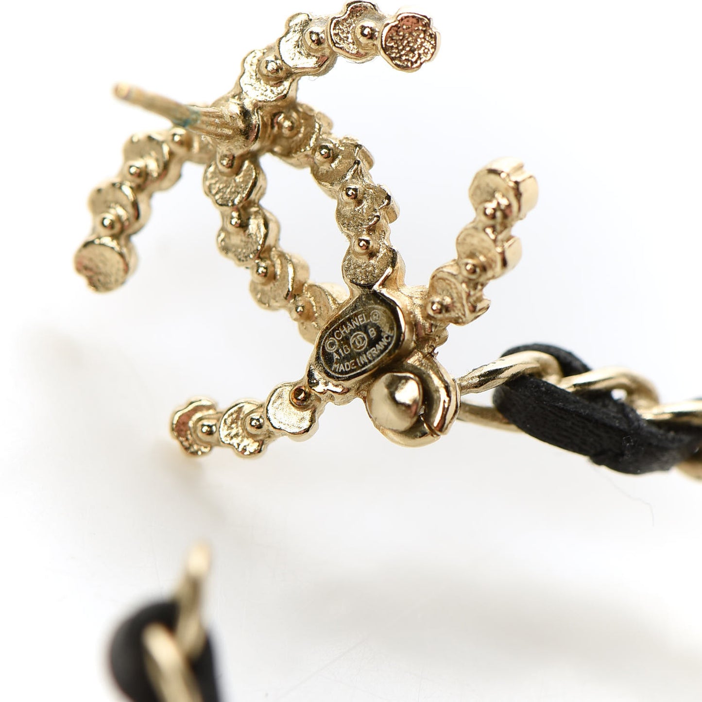 Lambskin Pearl Crystal CC Chain Hoop Earrings Gold Black