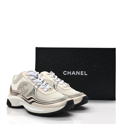 Chanel Fabric Laminated Calfskin Stretch CC Womens Sneakers 37 White Gold Silver 9 of 9