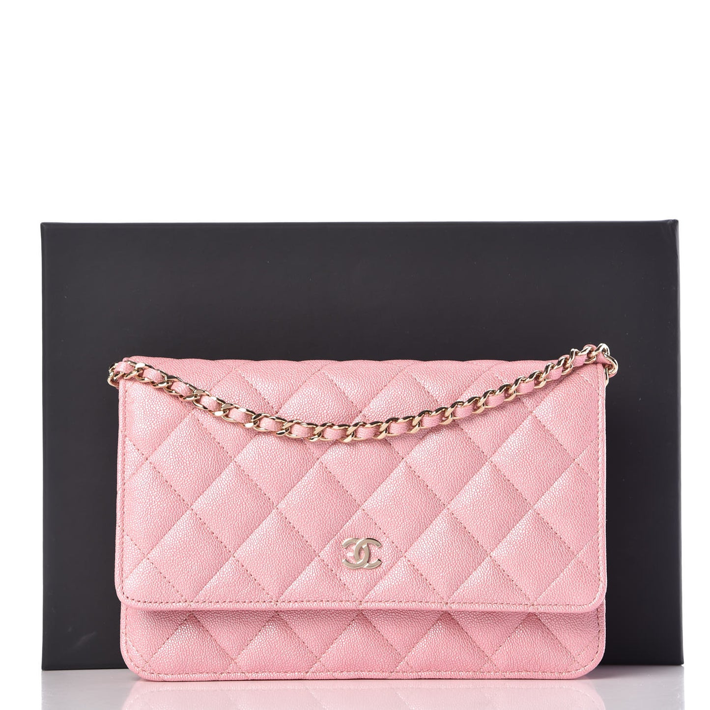 Iridescent Caviar Quilted Wallet on Chain WOC Rose Pink