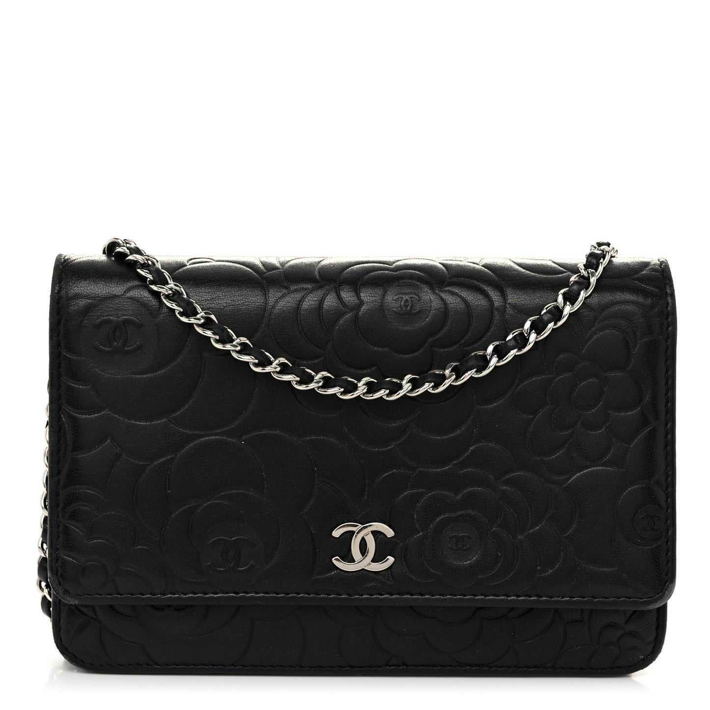 Lambskin Camellia Embossed Wallet On Chain WOC Black