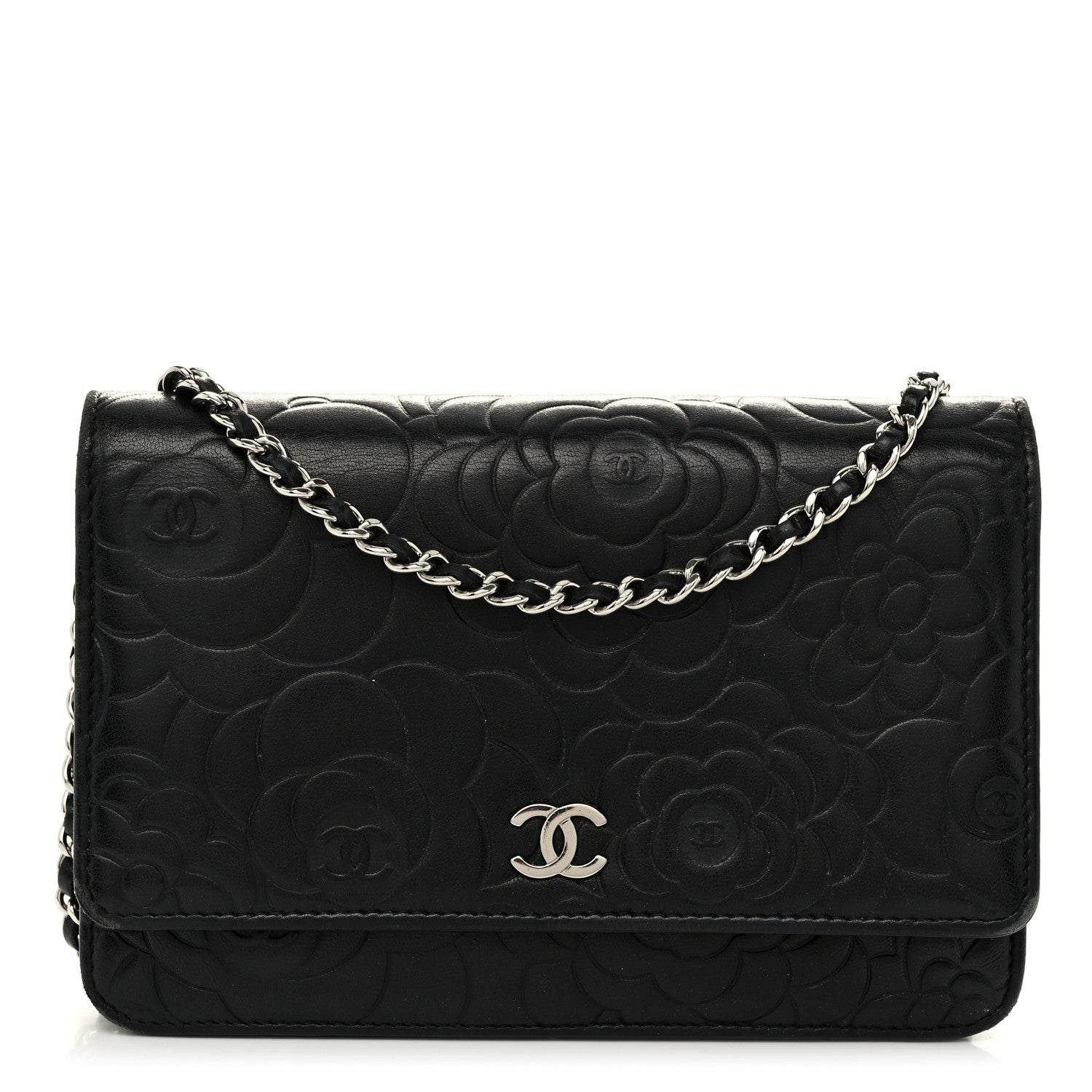 Chanel Lambskin Camellia Embossed Wallet On Chain WOC Black 1 of 11