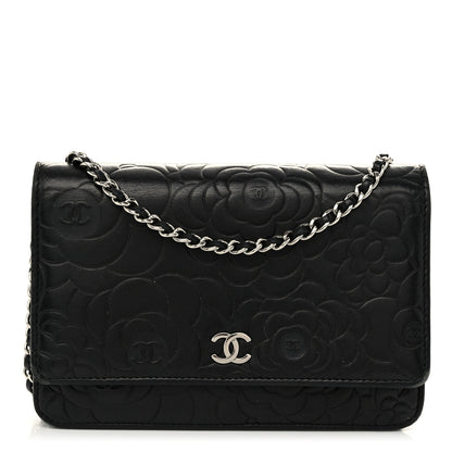Chanel Lambskin Camellia Embossed Wallet On Chain WOC Black 1 of 11