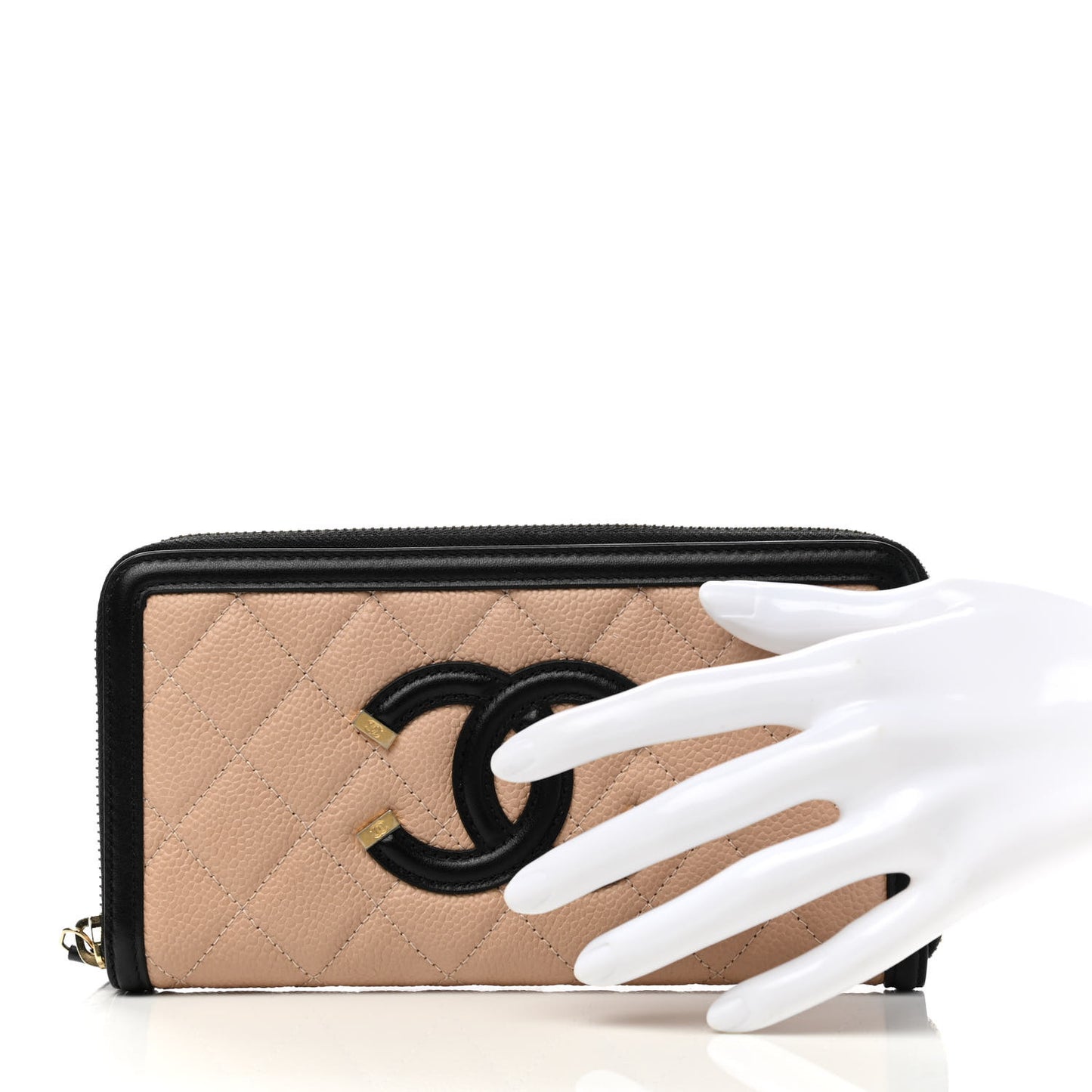 Caviar Quilted Filigree Zip Around Wallet Beige Black