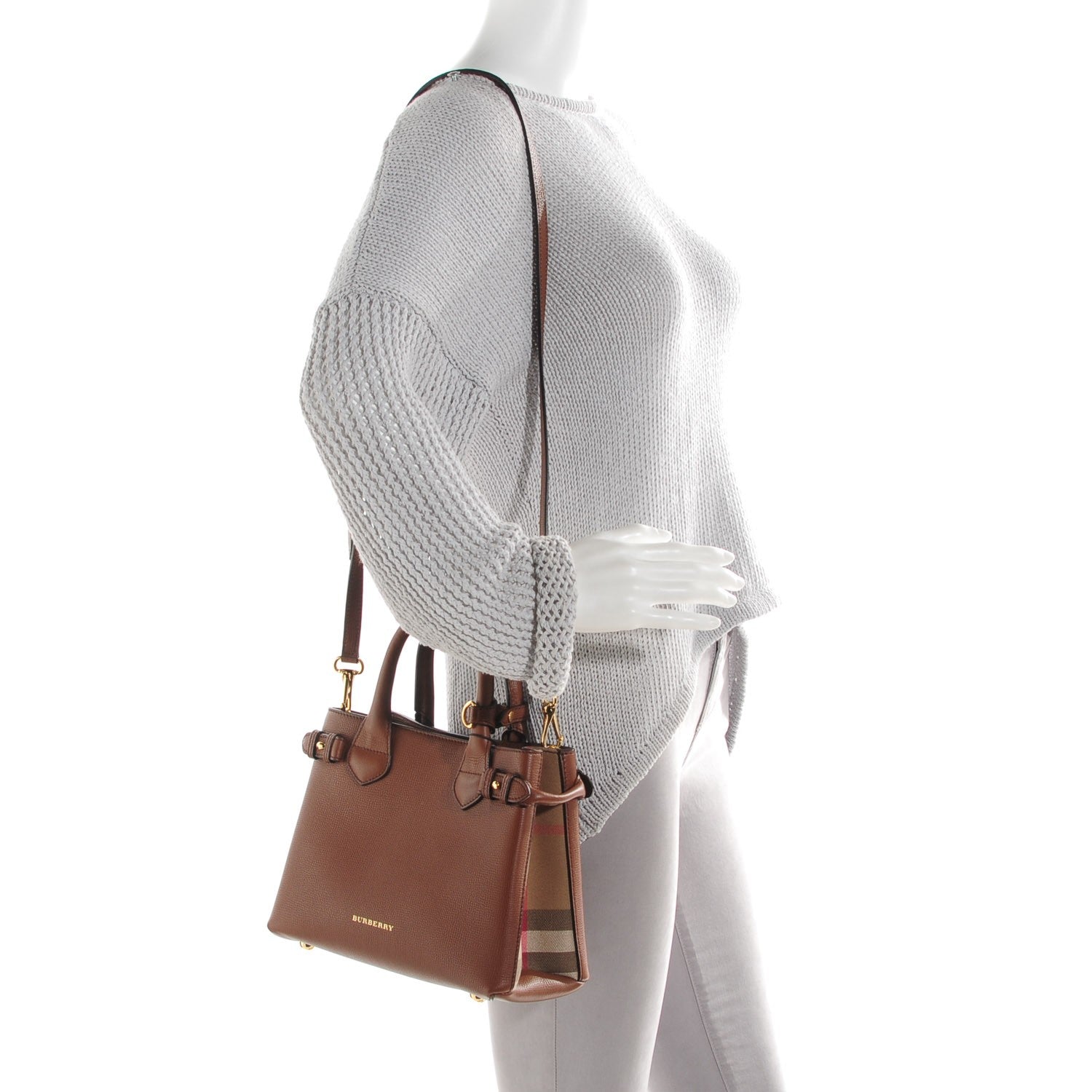 Burberry Grainy Calfskin House Check Small Banner Tote Tan 2 of 8