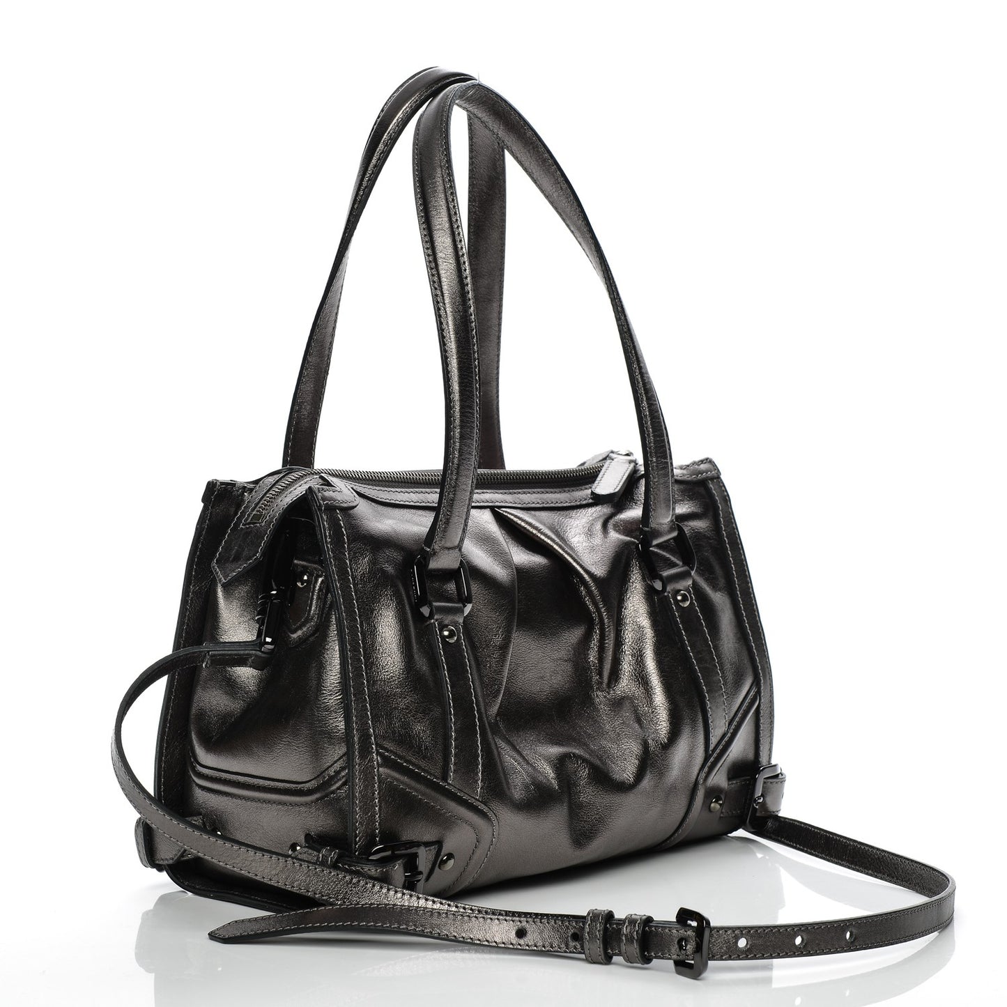Metallic Calfskin Small Pilgrim Bowling Bag Anthracite