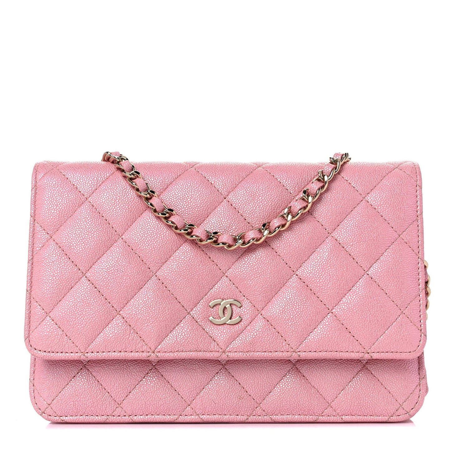 Iridescent Caviar Quilted Wallet on Chain WOC Pink