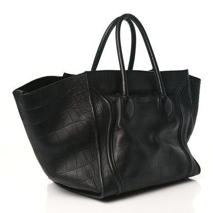 Celine Calfskin Crocodile Embossed Medium Phantom Luggage Black 3 of 8