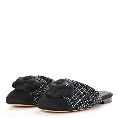 Chanel Tweed Grosgrain Camellia CC Flat Mules 40 Black Green 3 of 10