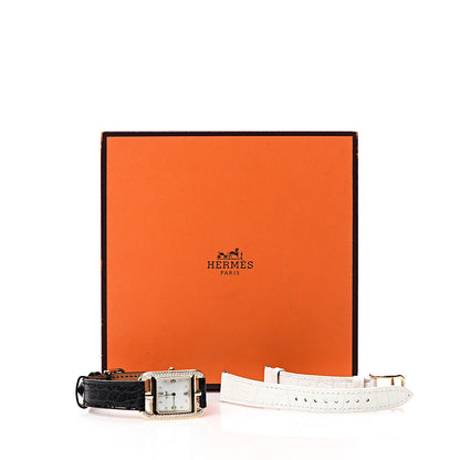 Hermes 18K Yellow Gold Alligator Diamond Bezel Mother of Pearl 23mm Cape Cod Quartz Watch Noir 7 of 7